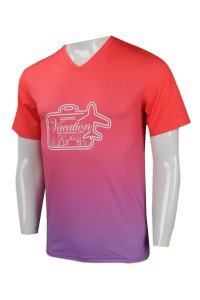 T858 網上訂購男裝短袖T恤 印製男裝v領T恤  漸變顏色 設計男裝短袖T恤生產商    紅色漸變紫色  男生 短 t